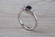Load image into Gallery viewer, Emerald cut Blue Sapphire and Diamond Trilogy Ring