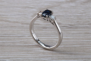Emerald cut Blue Sapphire and Diamond Trilogy Ring