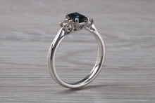 Load image into Gallery viewer, Emerald cut Blue Sapphire and Diamond Trilogy Ring