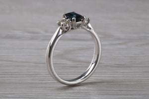 Emerald cut Blue Sapphire and Diamond Trilogy Ring