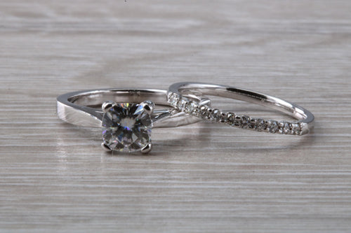 Platinum Bridal set, One carat Moissanite Diamond solitaire with natural Diamond set wedding band, Top Forever One grade Moissanite