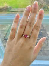 Load image into Gallery viewer, Natural Ruby and Diamond Trilogy Ring. Oval cut Ruby and Round cut Diamonds. July Birthstone, Ideal ruby anniversary gift