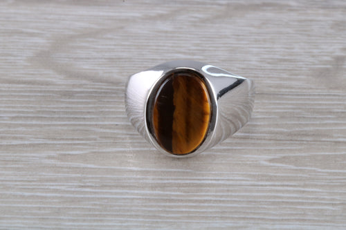 Natural Tigers Eye set Silver Signet Ring
