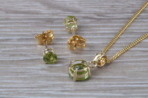 Round cut Peridot Earrings and Matching Necklace set in Yellow Gold