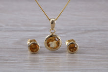 Load image into Gallery viewer, Round cut Citrine Earrings and Matching Necklace set in Yellow Gold