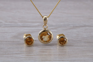 Round cut Citrine Earrings and Matching Necklace set in Yellow Gold
