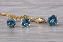 Load image into Gallery viewer, Round cut Blue Topaz Matching Stud Earrings and Necklace set in Yellow Gold