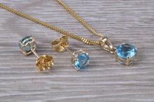 Load image into Gallery viewer, Round cut Blue Topaz Matching Stud Earrings and Necklace set in Yellow Gold