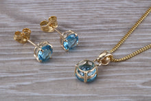 Load image into Gallery viewer, Round cut Blue Topaz Matching Stud Earrings and Necklace set in Yellow Gold