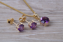 Load image into Gallery viewer, Round Amethyst Necklace with Matching Stud Earrings Set in Yellow Gold