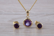 Load image into Gallery viewer, Round cut Amethyst set Necklace and Matching Earrings set in Yellow Gold