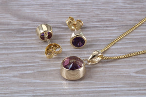 Round cut Amethyst set Necklace and Matching Earrings set in Yellow Gold