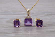 Load image into Gallery viewer, Square cut Amethyst Matching Earrings and Necklace set in Yellow Gold