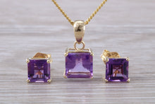 Load image into Gallery viewer, Square cut Amethyst Matching Earrings and Necklace set in Yellow Gold