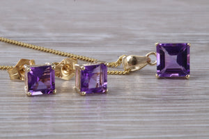 Square cut Amethyst Matching Earrings and Necklace set in Yellow Gold
