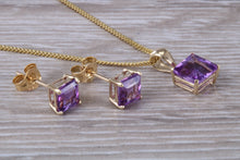 Load image into Gallery viewer, Square cut Amethyst Matching Earrings and Necklace set in Yellow Gold