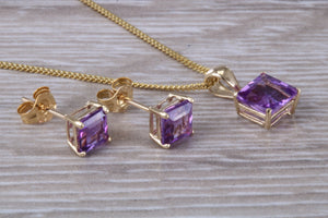 Square cut Amethyst Matching Earrings and Necklace set in Yellow Gold