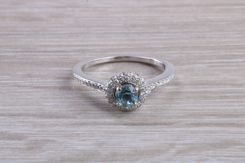 Aquamarine and Double Halo set 18ct White Gold Diamond Ring