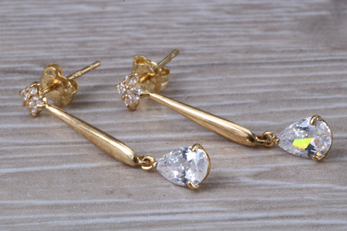 9ct Gold Pear Dropper C Z Stud Earrings