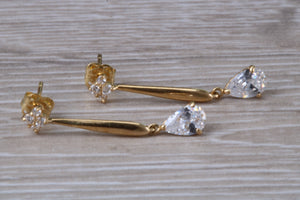 9ct Gold Pear Dropper C Z Stud Earrings