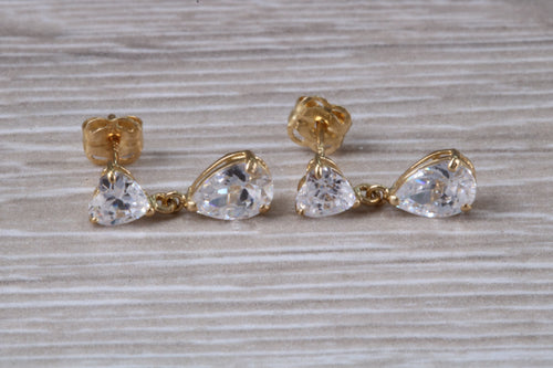 9ct Gold Pear Dropper C Z Stud Earrings
