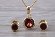 Load image into Gallery viewer, Round cut Garnet Earrings and Matching Necklace set in Yellow Gold