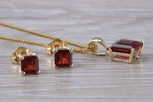 Load image into Gallery viewer, Square cut Garnet Earrings and Matching Necklace set in Yellow Gold