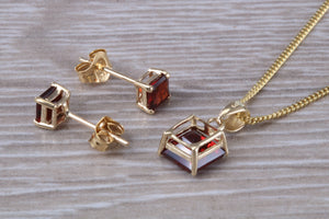 Square cut Garnet Earrings and Matching Necklace set in Yellow Gold