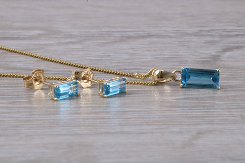Baguette cut Blue Topaz Necklace with Matching Stud Earrings