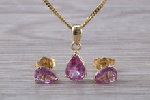 Load image into Gallery viewer, Tear Drop cut Pink Sapphire Earrings and Matching Necklace set in Yellow Gold