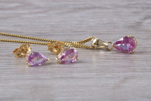 Load image into Gallery viewer, Tear Drop cut Pink Sapphire Earrings and Matching Necklace set in Yellow Gold