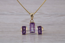Load image into Gallery viewer, Baguette cut Amethyst Necklace and Matching Earrings set Yellow Gold