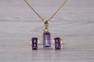 Baguette cut Amethyst Necklace and Matching Earrings set Yellow Gold