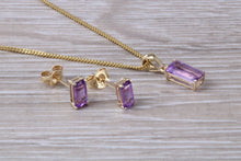 Load image into Gallery viewer, Baguette cut Amethyst Necklace and Matching Earrings set Yellow Gold