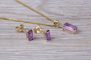 Baguette cut Amethyst Necklace and Matching Earrings set Yellow Gold