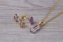 Load image into Gallery viewer, Baguette cut Amethyst Necklace and Matching Earrings set Yellow Gold