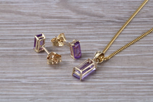 Baguette cut Amethyst Necklace and Matching Earrings set Yellow Gold