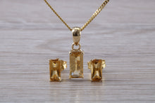 Load image into Gallery viewer, Baguette cut Citrine Earrings and Matching Necklace set Yellow Gold