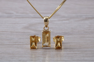 Baguette cut Citrine Earrings and Matching Necklace set Yellow Gold