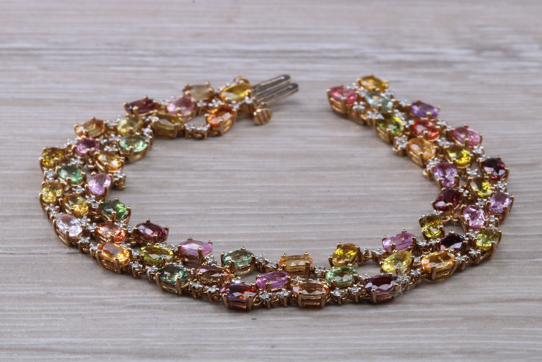 Rainbow Colour Gemstones and Diamond set Yellow Gold Bracelet