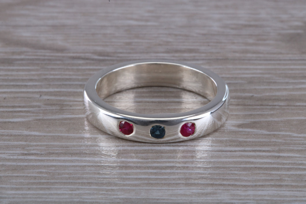 Blue Sapphire and Ruby Silver Band