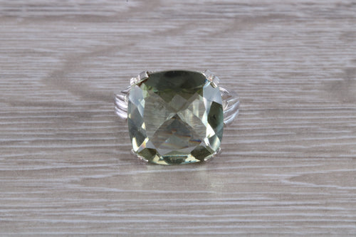 Large square Cushion cut Green Quartz set Silver Ring
