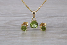 Load image into Gallery viewer, Round cut Peridot Earrings and Matching Necklace set in Yellow Gold