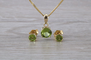 Round cut Peridot Earrings and Matching Necklace set in Yellow Gold