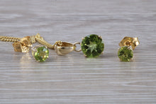 Load image into Gallery viewer, Round cut Peridot Earrings and Matching Necklace set in Yellow Gold