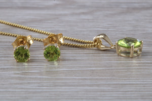 Round cut Peridot Earrings and Matching Necklace set in Yellow Gold