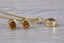Load image into Gallery viewer, Round cut Citrine Earrings and Matching Necklace set in Yellow Gold