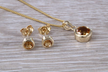 Load image into Gallery viewer, Round cut Citrine Earrings and Matching Necklace set in Yellow Gold