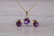 Load image into Gallery viewer, Round Amethyst Necklace with Matching Stud Earrings Set in Yellow Gold