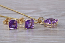 Load image into Gallery viewer, Square cut Amethyst Matching Earrings and Necklace set in Yellow Gold